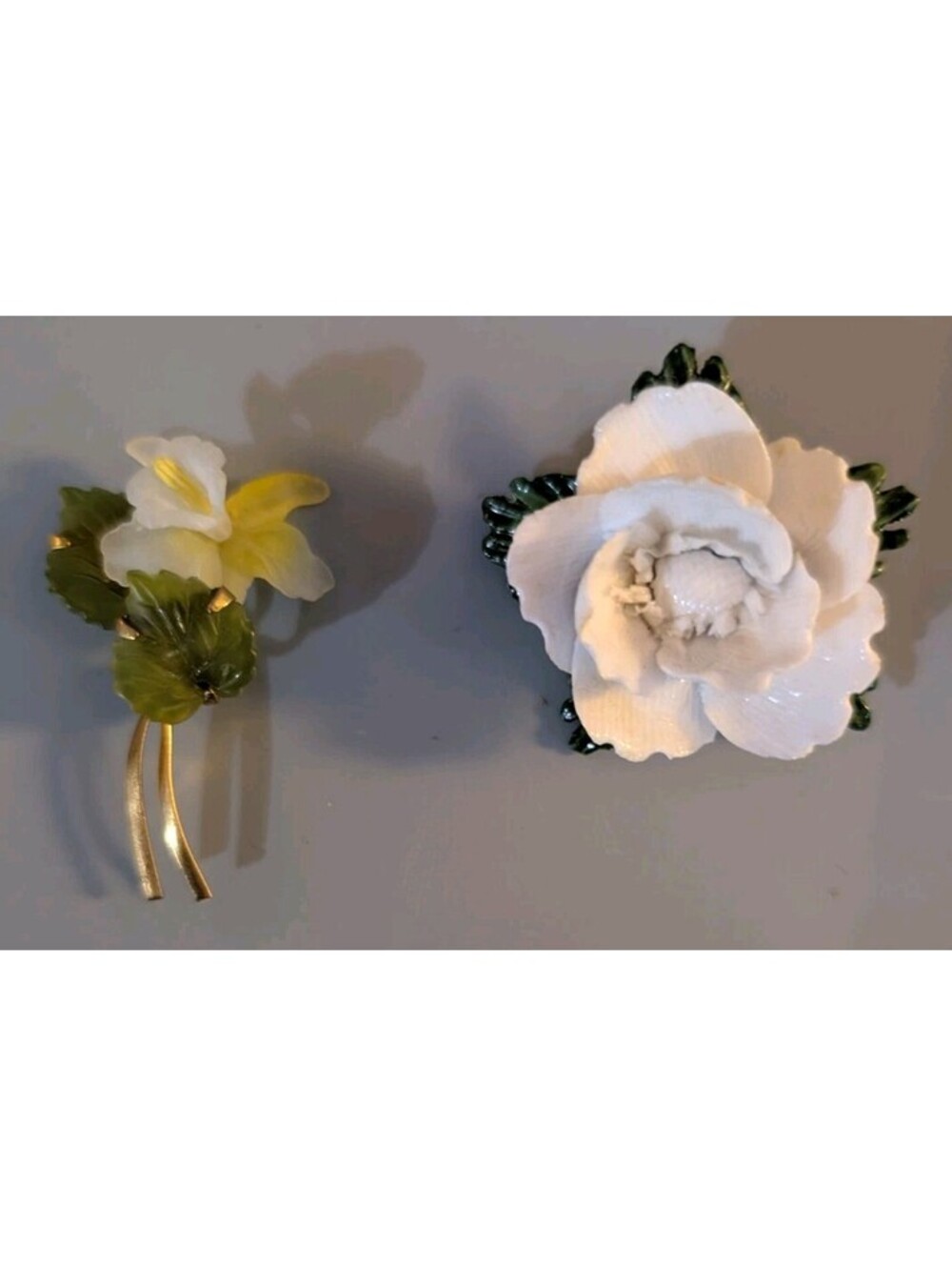 Vintage Fine Bone China Floral Brooch Lot - Handcrafted White Rose & Yellow-Accd